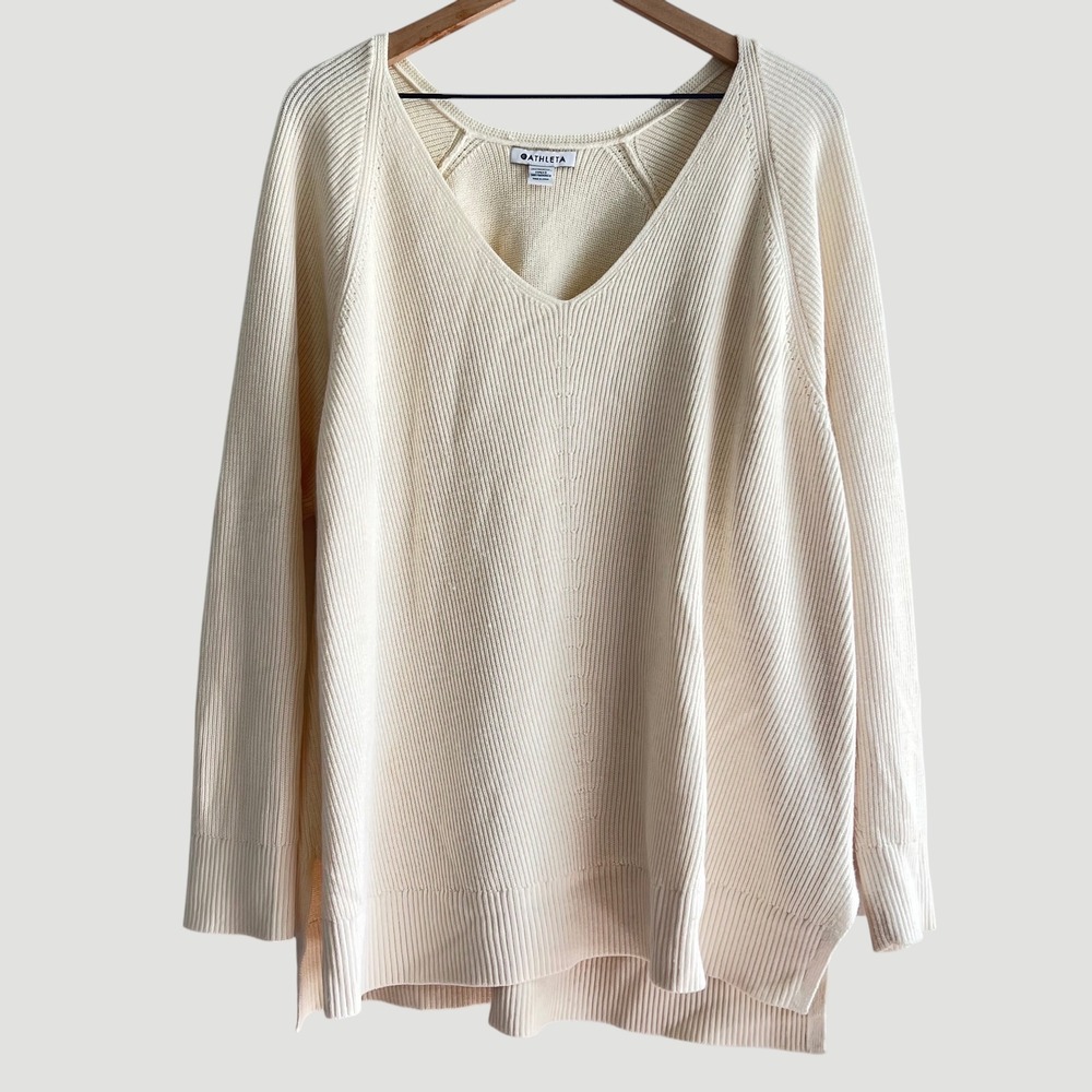Athleta Hanover V-Neck Sweater Women's 2X Cream Merino Wool Blend Ribbed Knit